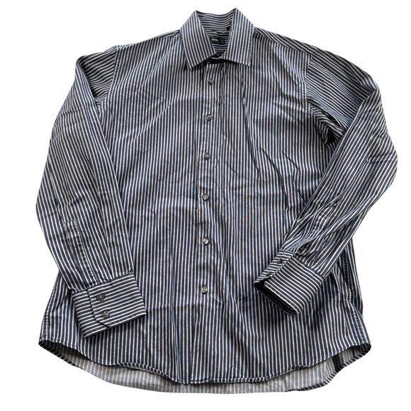 Hugo Boss Dress Shirt Men 16 34/35 Navy Gray Stripe 100% Cotton Enzo Regular Fit - Picture 2 of 16